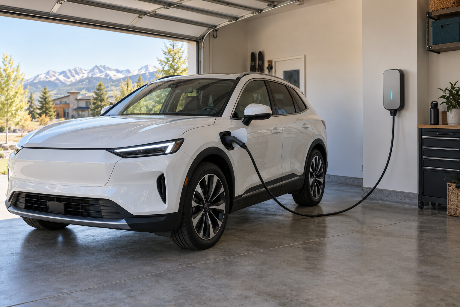 An electric vehicle charging in a residential garage